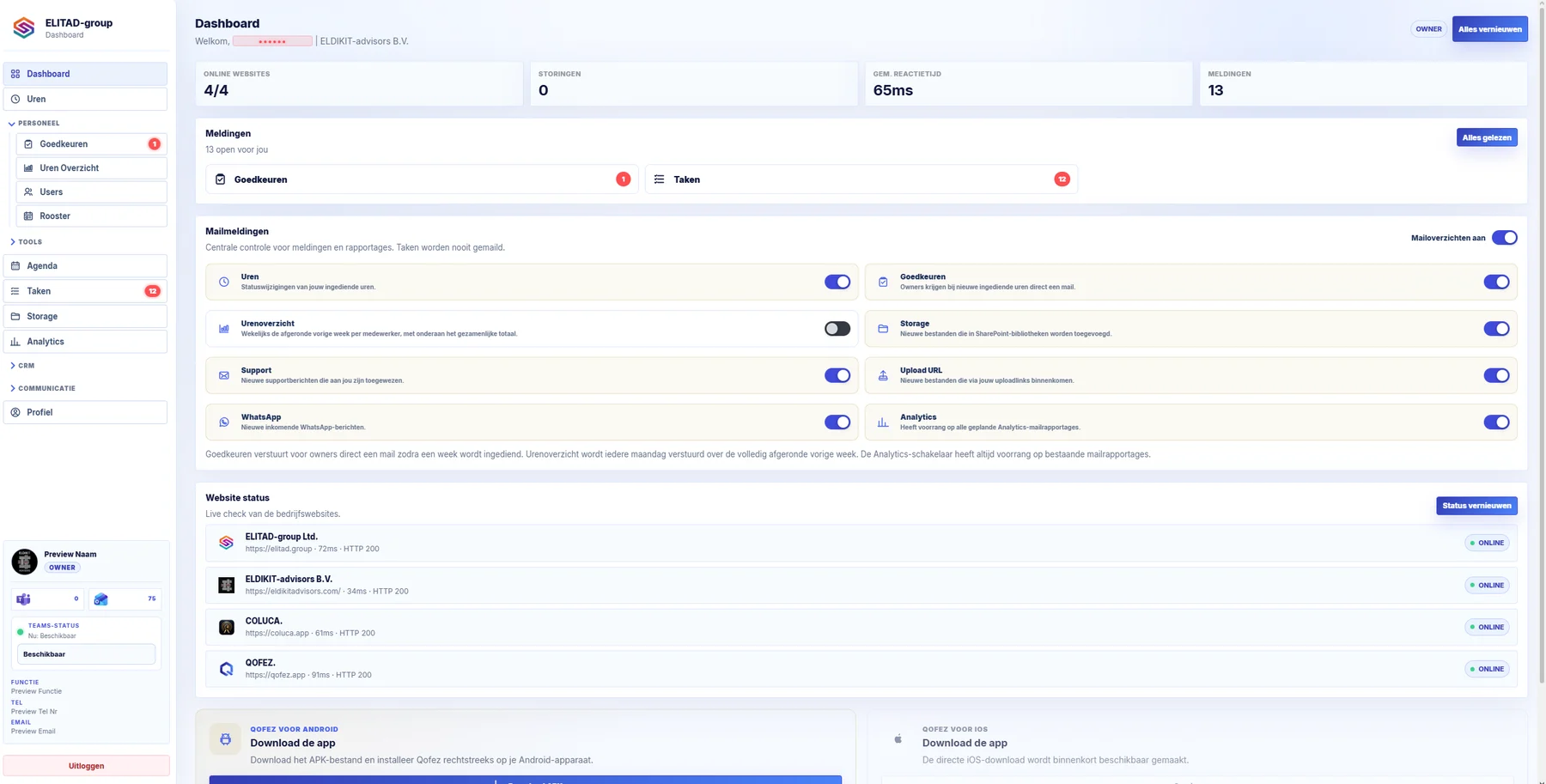 Qofez production dashboard